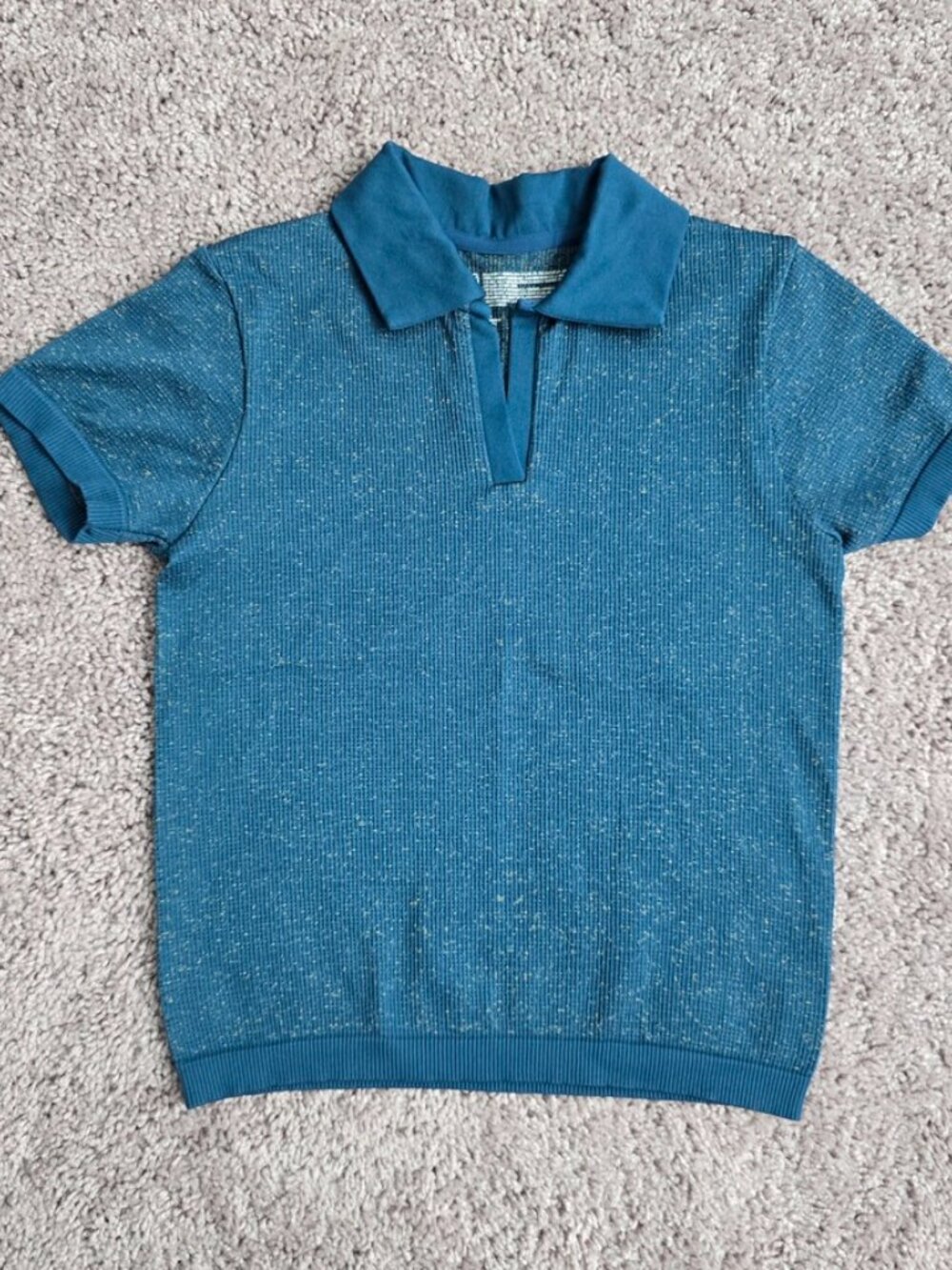 Zella Cropped Polo Collar Top Split V-Neck Size S Teal Blue Gold Space Dye
